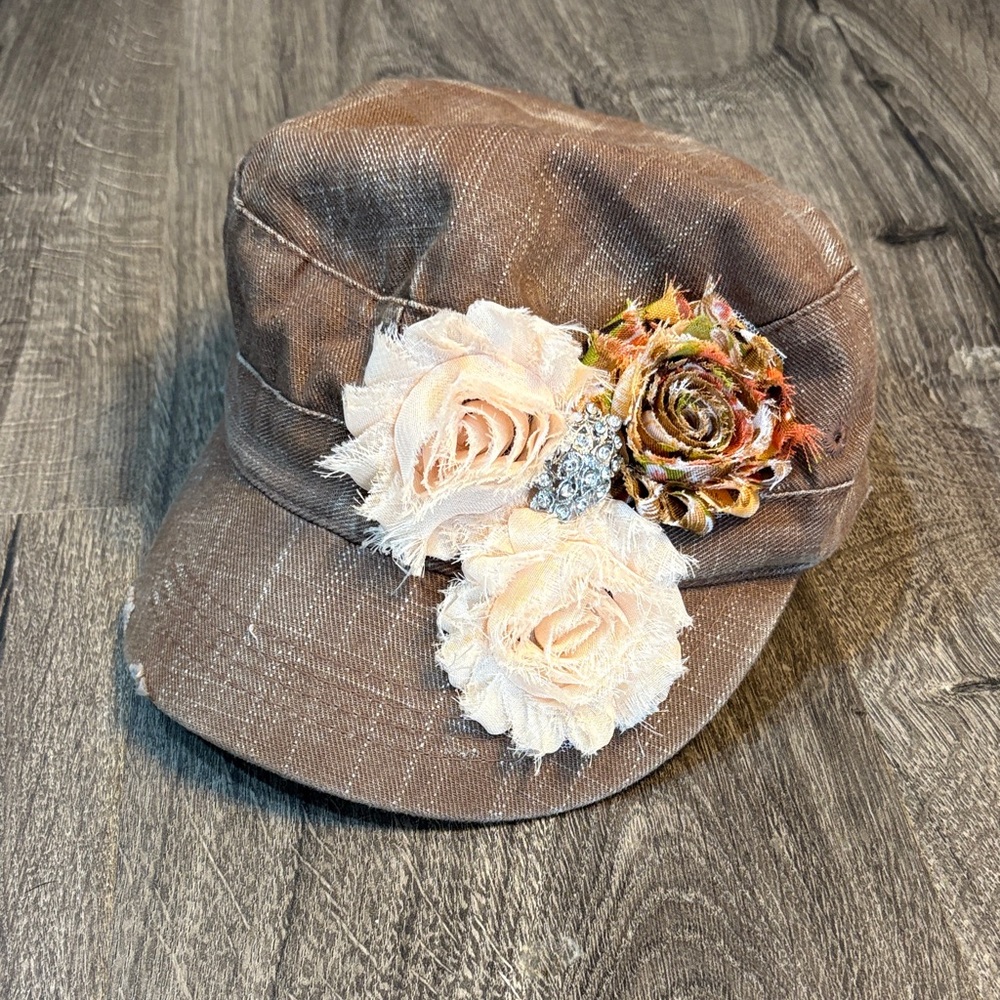 Brown Cap with Floral Embellishments